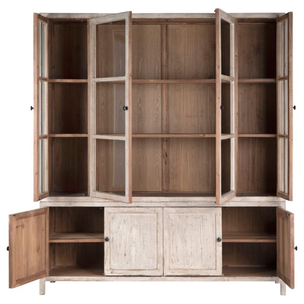 Large rustic china cabinet with glass doors and shelves, Open