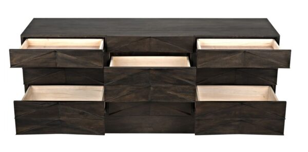 Large sideboard with 9 drawers from NOIR Furniture in dark ebony finish, open.