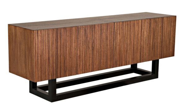 Dark walnut sideboard with 4 doors and black steel base