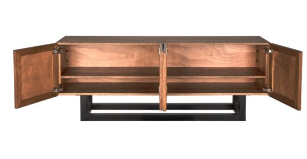 Dark walnut sideboard with 4 doors and black steel base, open