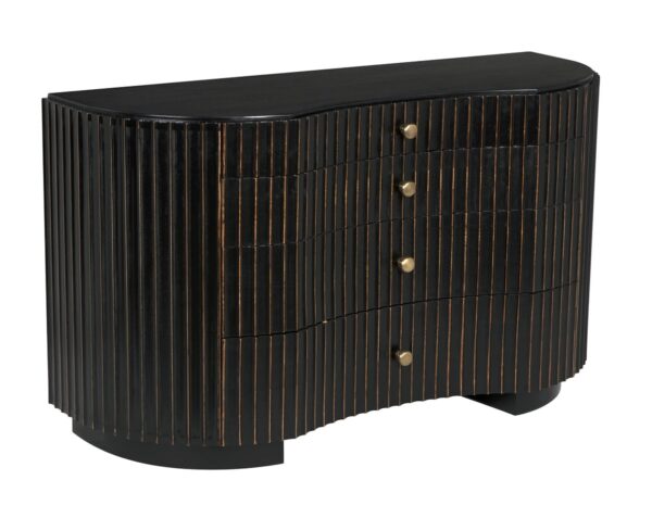 Black dresser with curved front and gold undertone