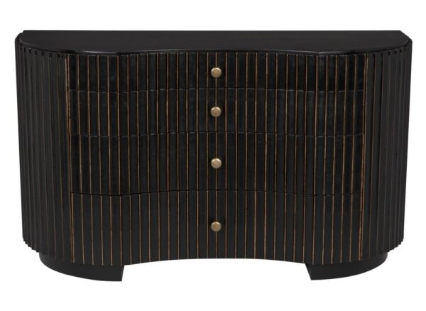 Black dresser with curved front and gold undertone, front