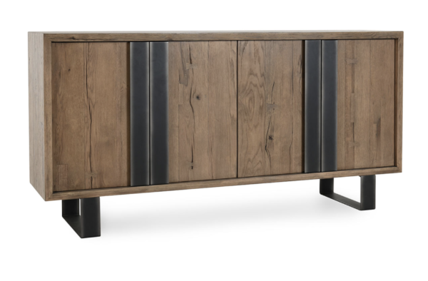 4 door sideboard in brown with large iron handles and base, shelf in the interior, overview