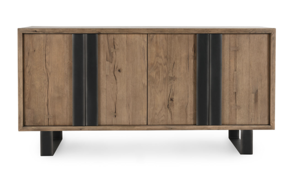 4 door sideboard in brown with large iron handles and base, shelf in the interior, front