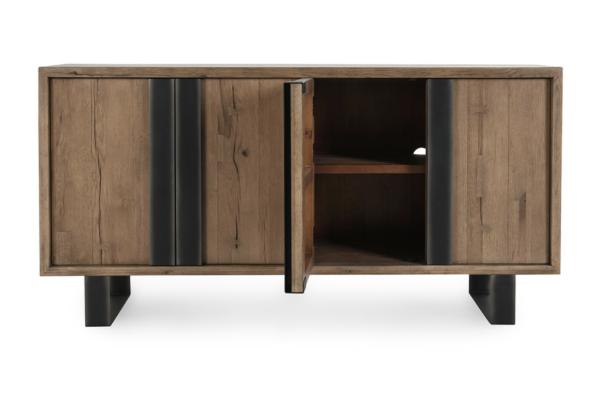 4 door sideboard in brown with large iron handles and base, shelf in the interior, open