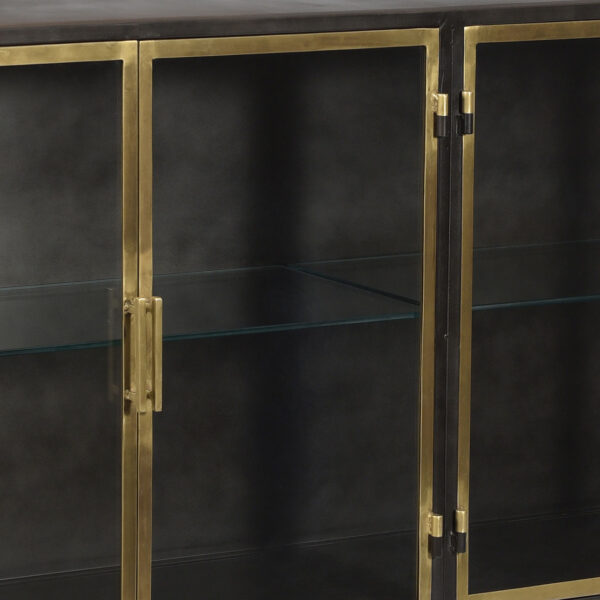 4 door black iron glass display cabinet with brass doors, detail