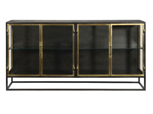 4 door black iron glass display cabinet with brass doors, front