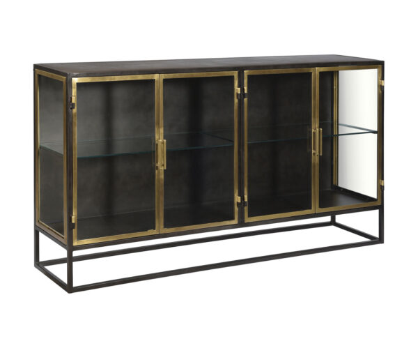 4 door black iron glass display cabinet with brass doors, overview