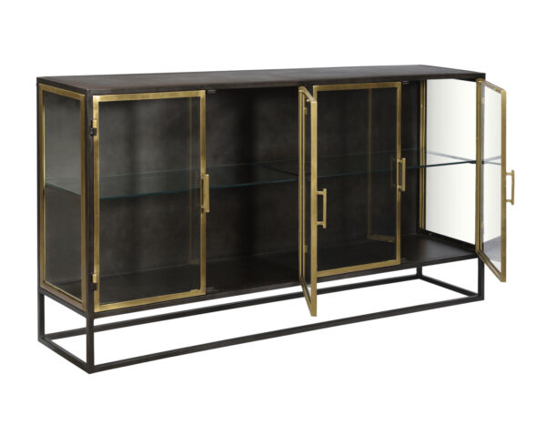 4 door black iron glass display cabinet with brass doors, overview open