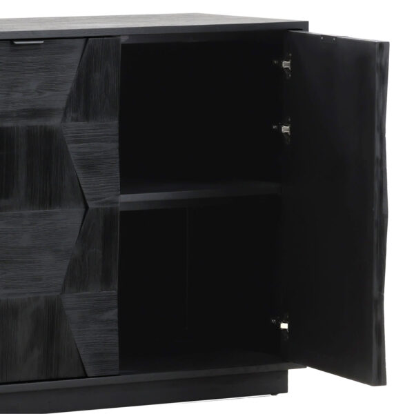 4 Door black console made with Oak and Pine wood, spacious interior with shelf, open detail
