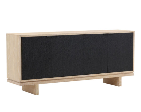 Oak 4 Door sand color console with black doors with simple design, spacious interior with shelf, overview