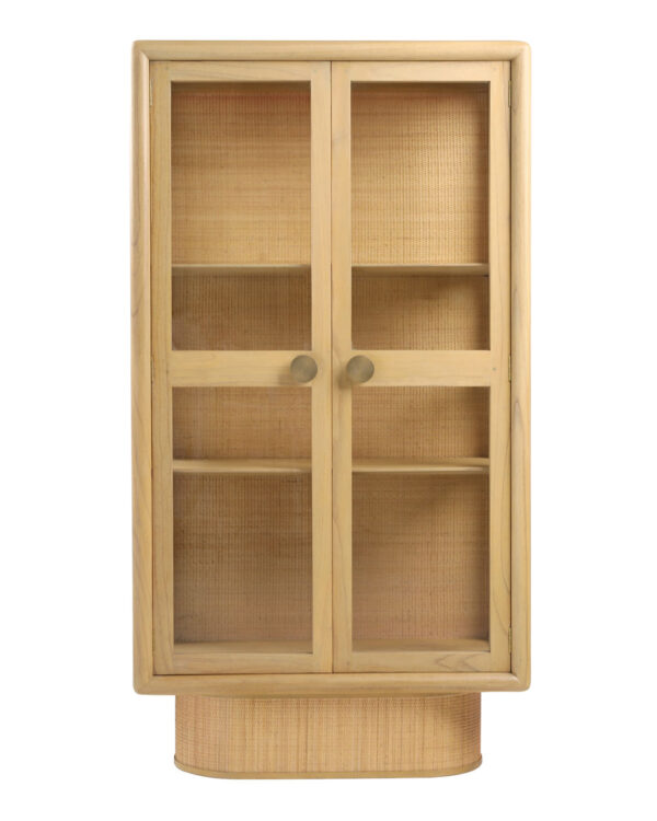 2 Door glass cabinet in a light finish with accents of rattan, 2 shelves for display, front