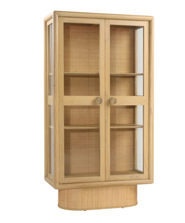 2 Door glass cabinet in a light finish with accents of rattan, 2 shelves for display, overview