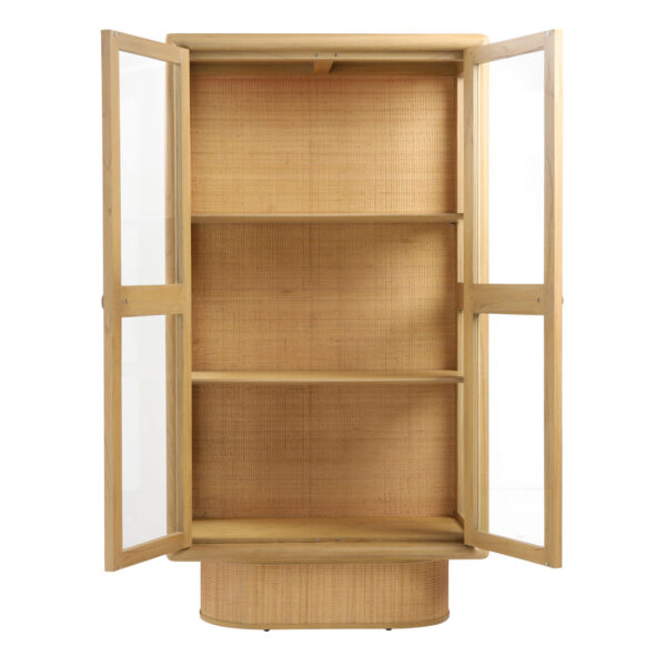 2 Door glass cabinet in a light finish with accents of rattan, 2 shelves for display, open