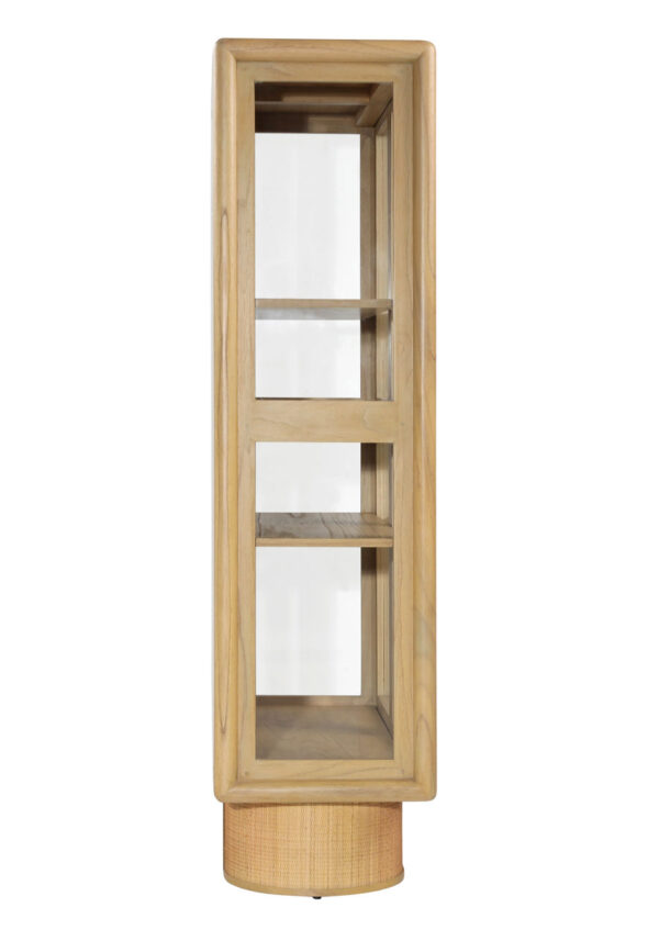 2 Door glass cabinet in a light finish with accents of rattan, 2 shelves for display, side