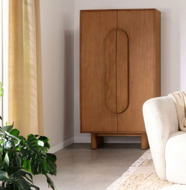 Simple 2 Door Cabinet in Light brown lacquer finish and spacious interior with 2 shelves, vignette