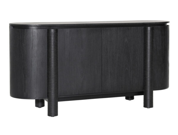 4 Door black console, rounded end of cabinet, made with Mindi wood veneer, spacious center interior with shelf, overview