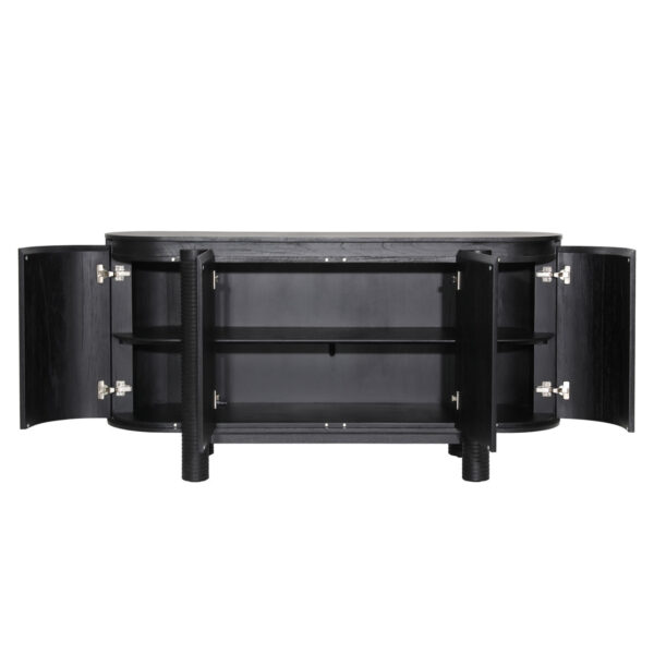 4 Door black console, rounded end of cabinet, made with Mindi wood veneer, spacious center interior with shelf, open