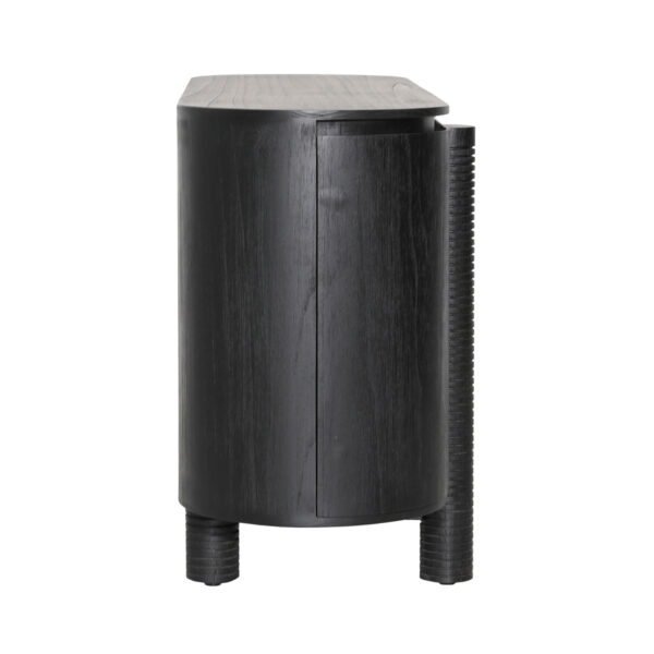 4 Door black console, rounded end of cabinet, made with Mindi wood veneer, spacious center interior with shelf, overview