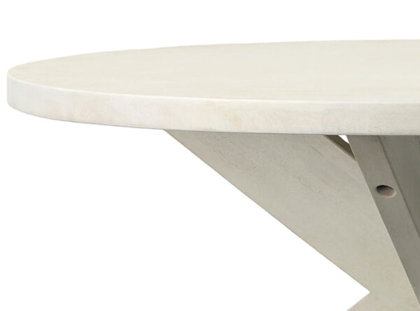 60” Diameter round dining table mango wood, starburst base in a antique white wash sealed finish, detail