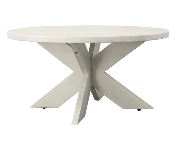 60” Diameter round dining table mango wood, starburst base in a antique white wash sealed finish, overview