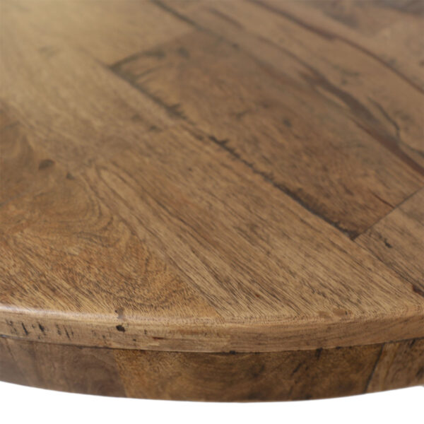 64” Diameter Round dining table in brown, reclaimed mango wood, lacquer finished, detail top