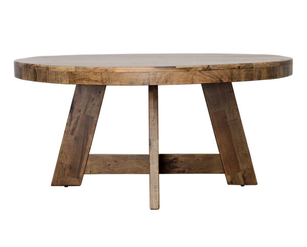 64” Diameter Round dining table in brown, reclaimed mango wood, lacquer finished, profile 2