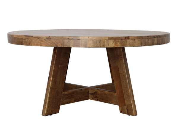 64” Diameter Round dining table in brown, reclaimed mango wood, lacquer finished, profile 1