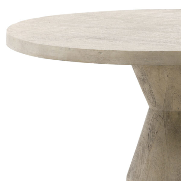 54” Round dining table on a solid base, mango wood, grey wash finish, detail top