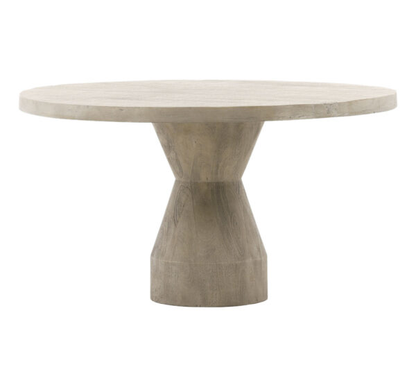 54” Round dining table on a solid base, mango wood, grey wash finish, overview