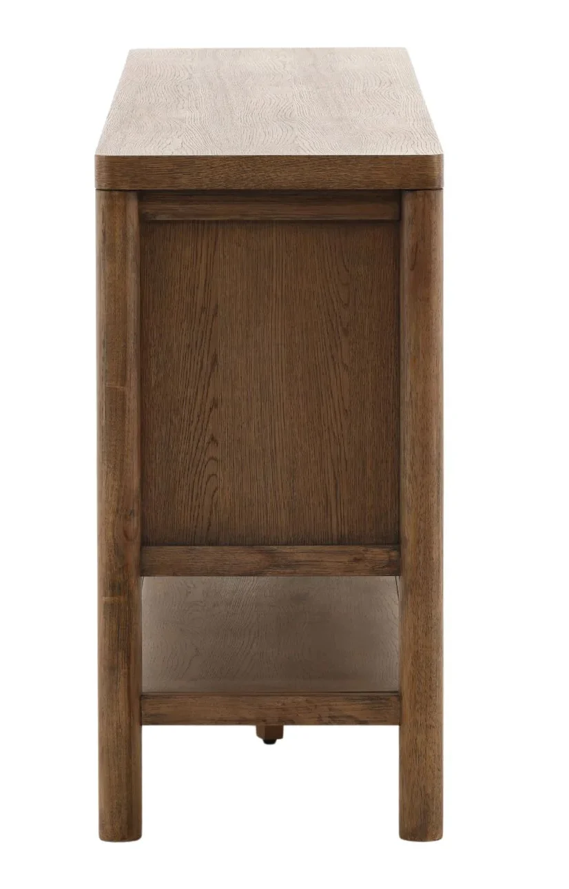 Dark brown rubber wood sideboard with reeded four-door front, round metal knobs, and an open lower shelf for storage or display, profile view