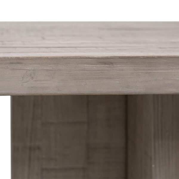 Large grey wash pine dining table in a modern rustic look with star base on either end, detail