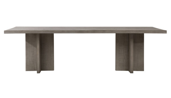 Large grey wash pine dining table in a modern rustic look with star base on either end, profile