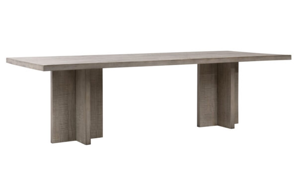 Large grey wash pine dining table in a modern rustic look with star base on either end, overview