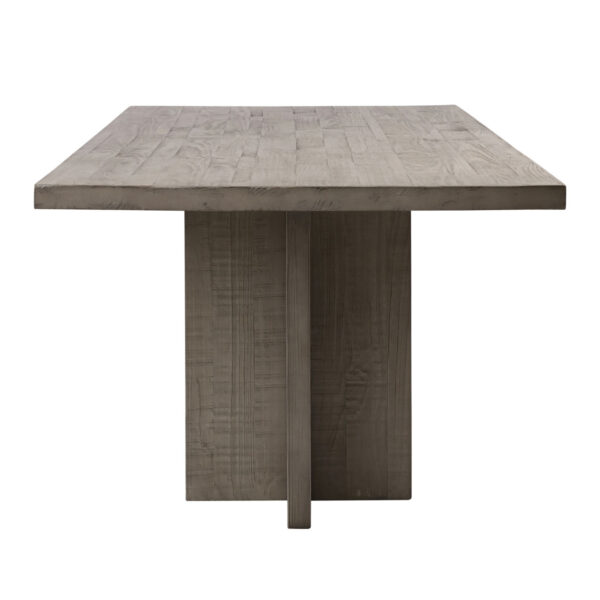 Large grey wash pine dining table in a modern rustic look with star base on either end, end