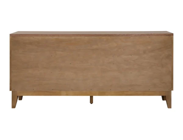 Oak veneer modern-rustic sideboard with 2 doors and 3 drawers, natural khaki color finish, back