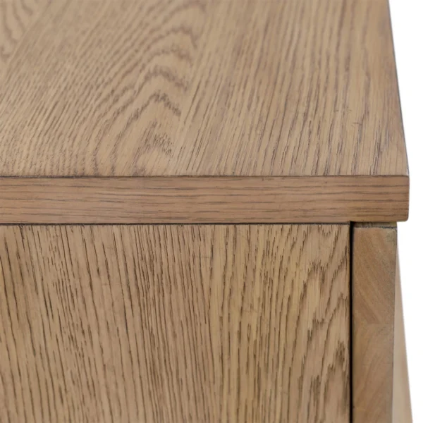 Oak veneer modern-rustic sideboard with 2 doors and 3 drawers, natural khaki color finish, detail