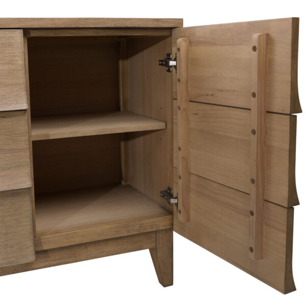 Oak veneer modern-rustic sideboard with 2 doors and 3 drawers, natural khaki color finish, open detail