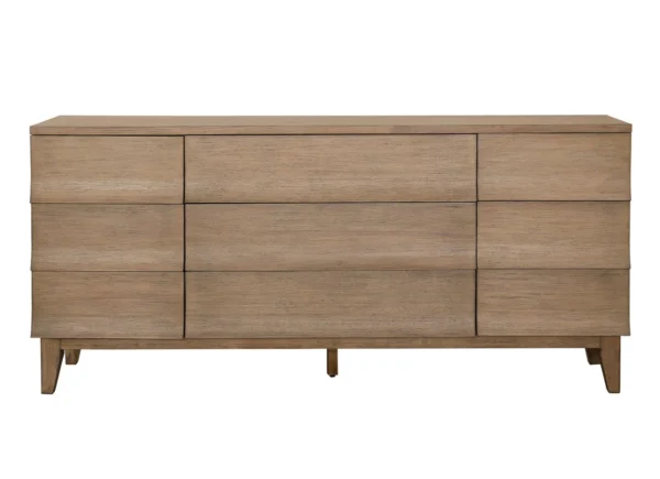 Oak veneer modern-rustic sideboard with 2 doors and 3 drawers, natural khaki color finish, front