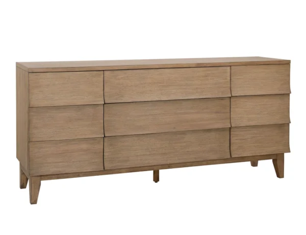 Oak veneer modern-rustic sideboard with 2 doors and 3 drawers, natural khaki color finish, overview