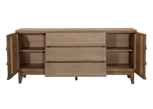 Oak veneer modern-rustic sideboard with 2 doors and 3 drawers, natural khaki color finish, open
