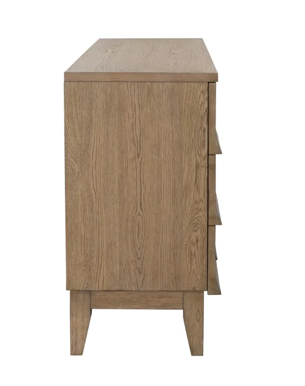 Oak veneer modern-rustic sideboard with 2 doors and 3 drawers, natural khaki color finish, side