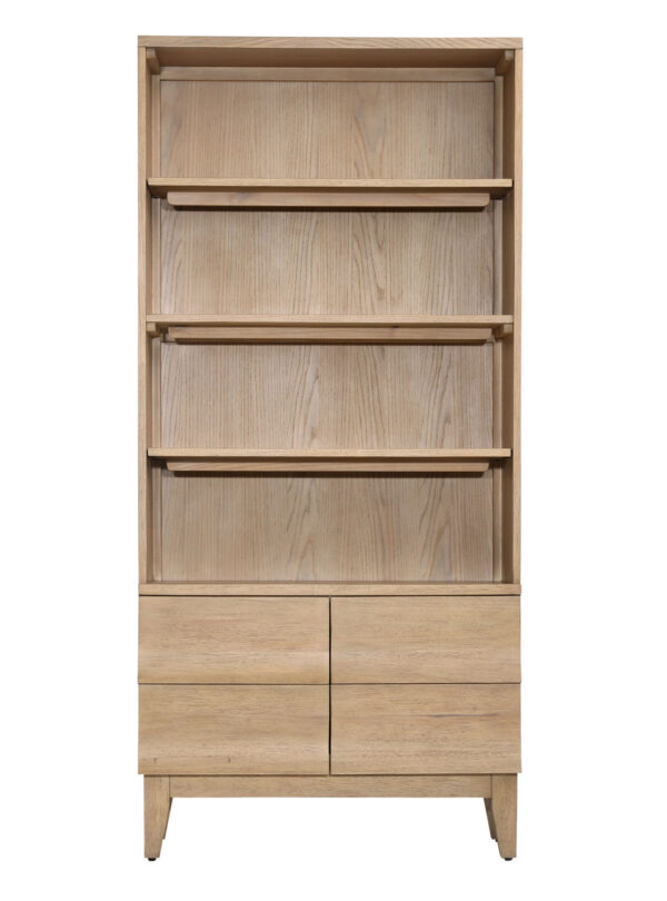 Oak veneer modern-rustic bookshelf with 2 doors, natural khaki color finish, front