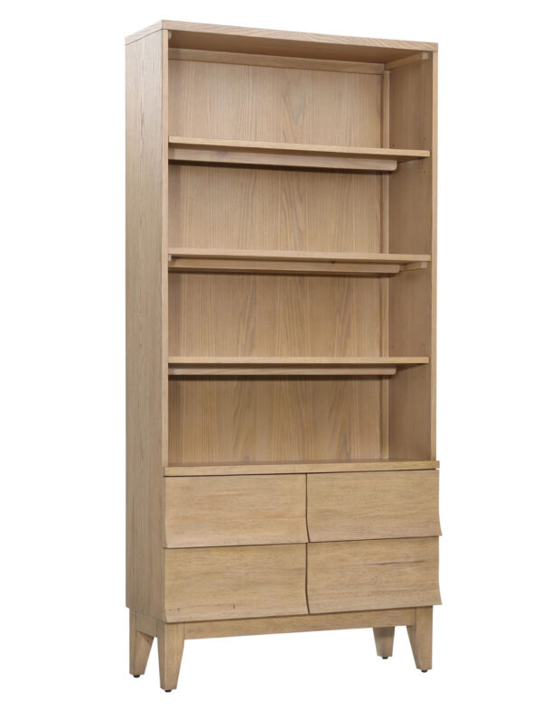 Oak veneer modern-rustic bookshelf with 2 doors, natural khaki color finish, overview