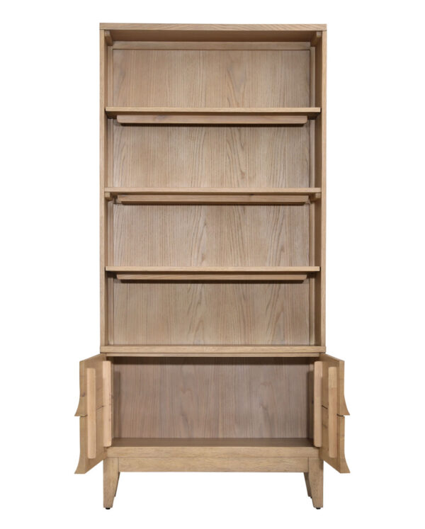 Oak veneer modern-rustic bookshelf with 2 doors, natural khaki color finish, open