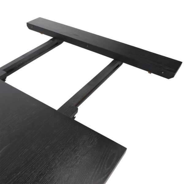 Rectangular black dining table, modern look with extensions on either end, detail extension open