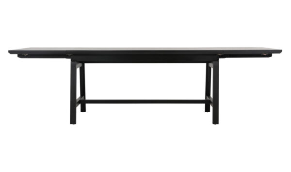 Rectangular black dining table, modern look with extensions on either end, profile