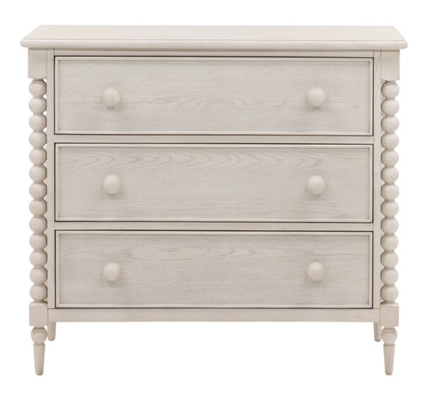 Small whitewash dresser with 3 drawers and spindle accents, front