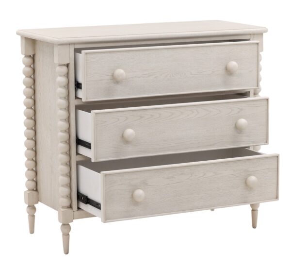 Small whitewash dresser with 3 drawers and spindle accents, open