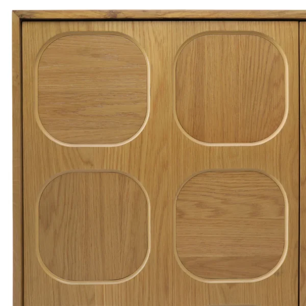 Oak wood and veneer modern sideboard with 4 doors in natural color finish, detail
